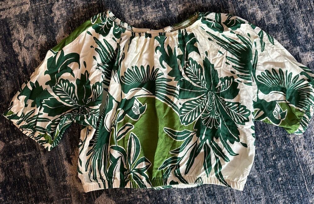 Melloday Green Parrot Hawaiian Shirt Size Large Boho Crop Tropical Leaves Resort
